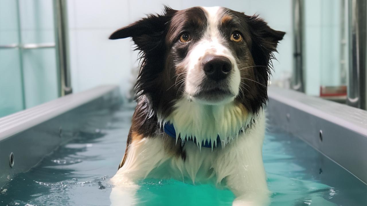 Dog walking in an underwater treadmill for rehabilitation at Animal Wellness Brisbane